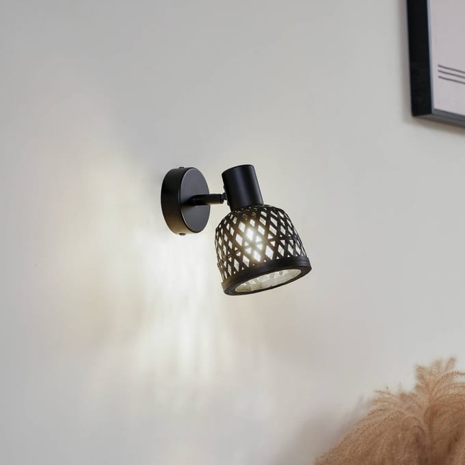 Lindby - Wandlamp hout - 1licht - Bamboe, metaal - H: 15.8 cm - E14 - zwart