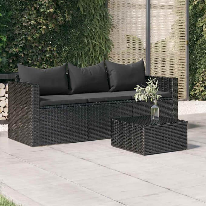 vidaXL - Tuinbank - 3-zits - met - kussens - poly - rattan - zwart