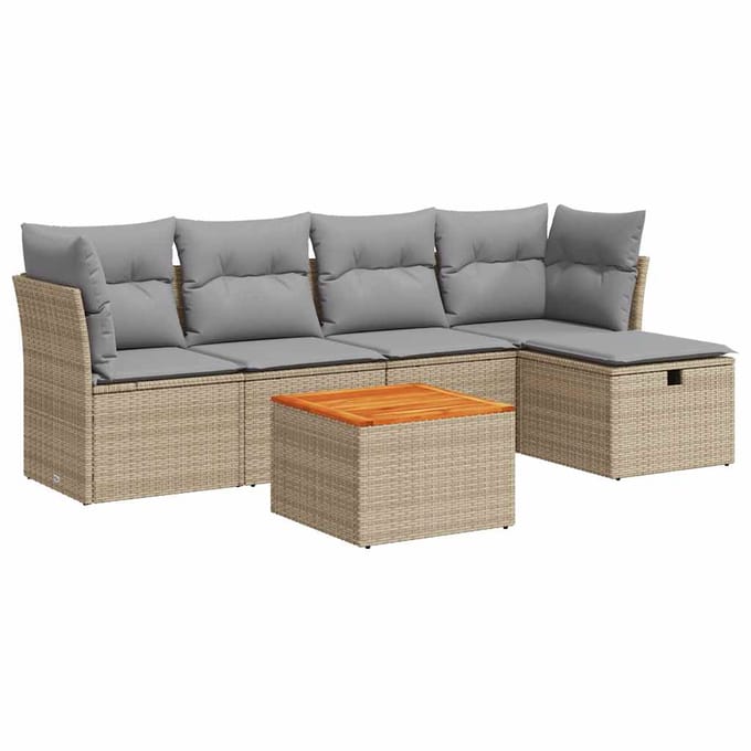 vidaXL - 6-delige - Loungeset - met - kussens - poly - rattan - beige