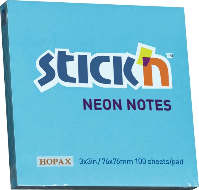 Stick'n sticky notes - 76x76mm, neon blauw, 100 memoblaadjes