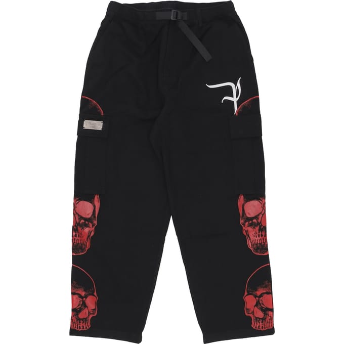Lange heren cargobroek met drievoudige schedelprint, zwart/rood