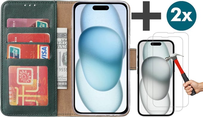 Hoesje met 2 Stuks Screenprotectors Geschikt voor iPhone 15 Plus – Arara bookcase met pasjeshouder - Groen