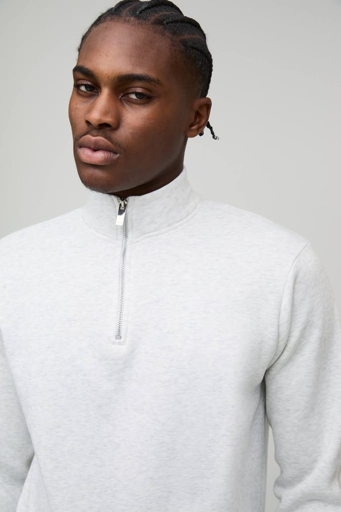 Regular Essential Quarter Zip Funnel Neck Sweatshirt | Grey Marl | Size Small