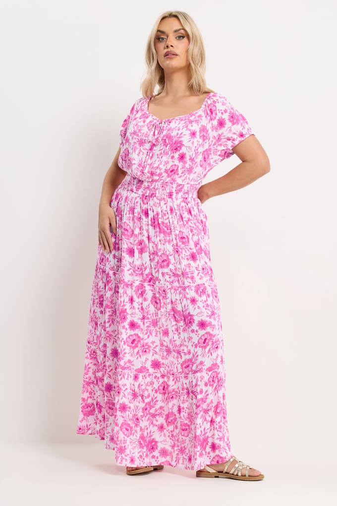 Yours Roze Maxibardotjurk Met Bloemenprint En Striksluiting Size 44