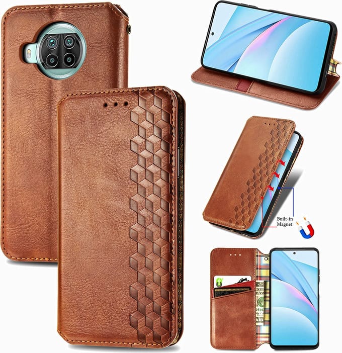 Luxe PU Lederen Ruitpatroon Wallet Case + PMMA Screenprotector voor Xiaomi Mi 10T Lite 5G _ Bruin
