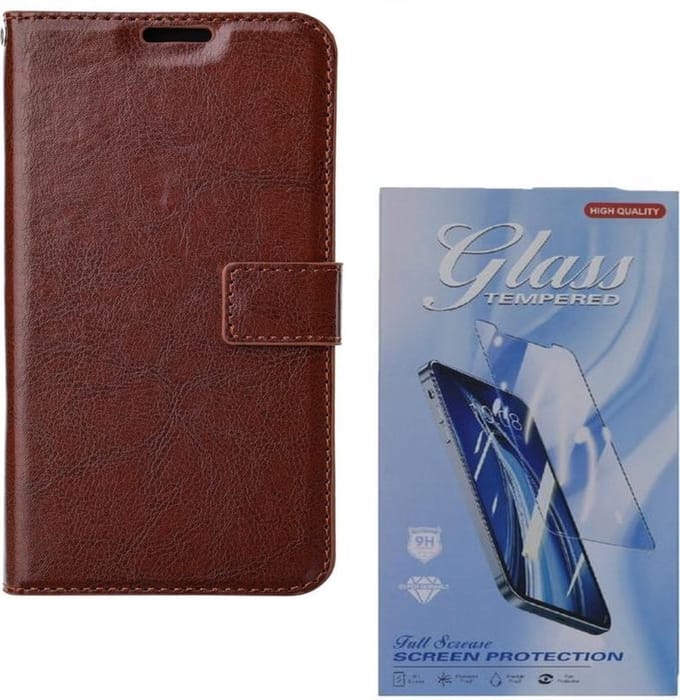 Bookcase Geschikt voor: iPhone 12 Mini - Bruin - Portemonnee hoesje + 2X Tempered Glas Screenprotector