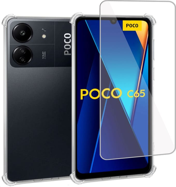 Geschikt voor Poco C65 - Hoesje + Screenprotector – Gehard Glas Cover + Shock Proof Case - Transparant