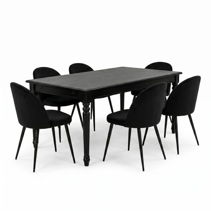 Amaretta eethoek tafel zwart 6 stoelen velours zwart.