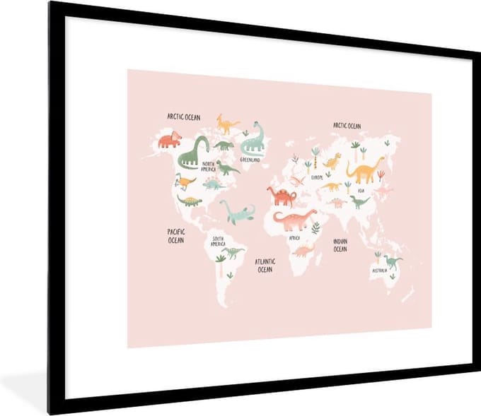 Wereldkaart - Kinderen - Dino - Schoolplaat - Kinderkamer - 80x60 cm