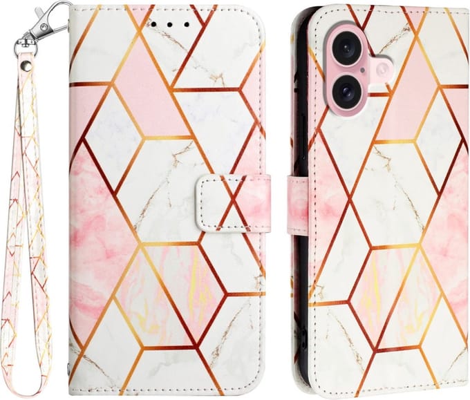Peachy Rose Marble Wallet kunstleer hoesje geschikt voor iPhone 16 Plus - wit en roze