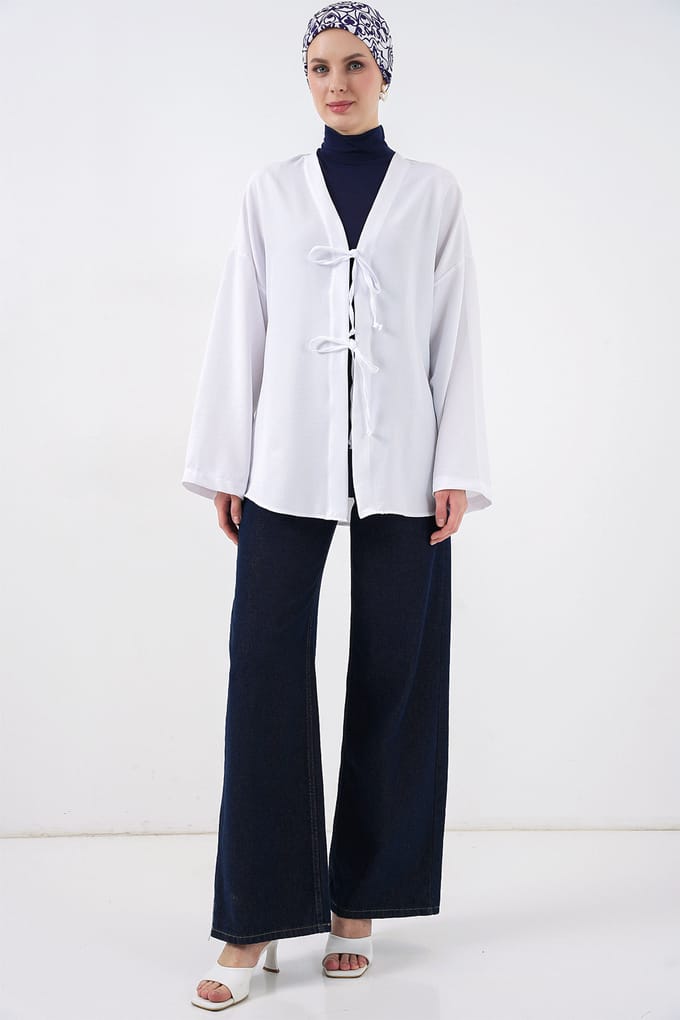 Linnenmix Lange Mouwen Kimono met Binding Detail