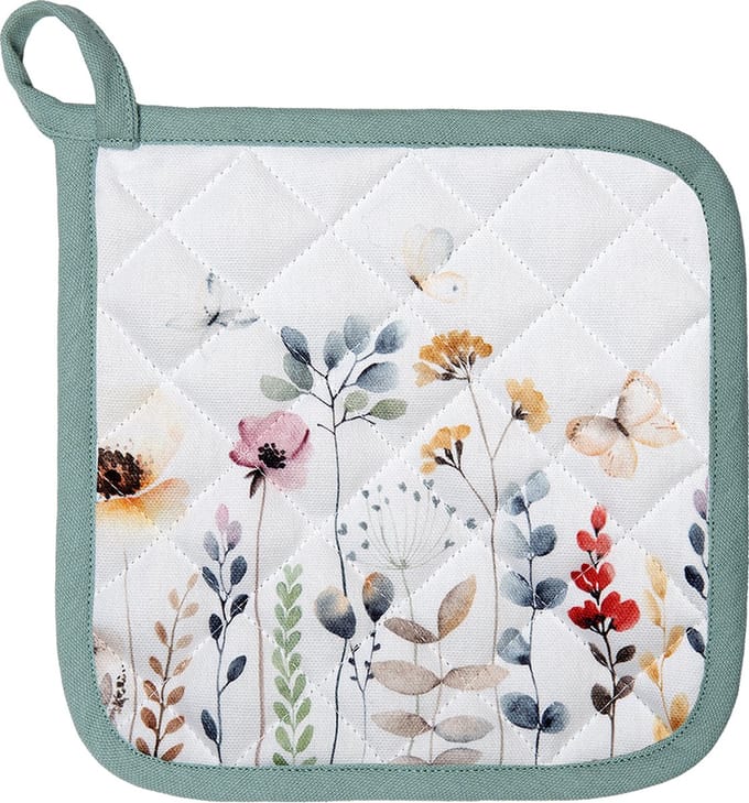 Clayre & Eef Pannenlap 20x20 cm Wit Groen Katoen Bloemen