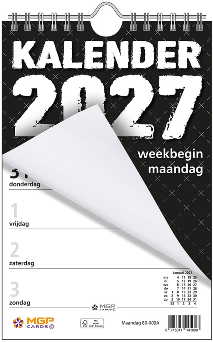 MGPcards - Weekblok met Wire-O binding 2027 - Week begint op maandag - 13,5 x 20,5 cm - Zwart