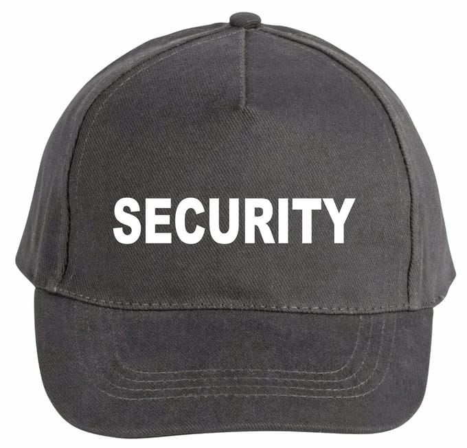 Mijncadeautje - 5 panel - Cap - Verstelbaar - Pet van 100% dik geborsteld katoen- unisex - opdruk wit - Security - chique grijs