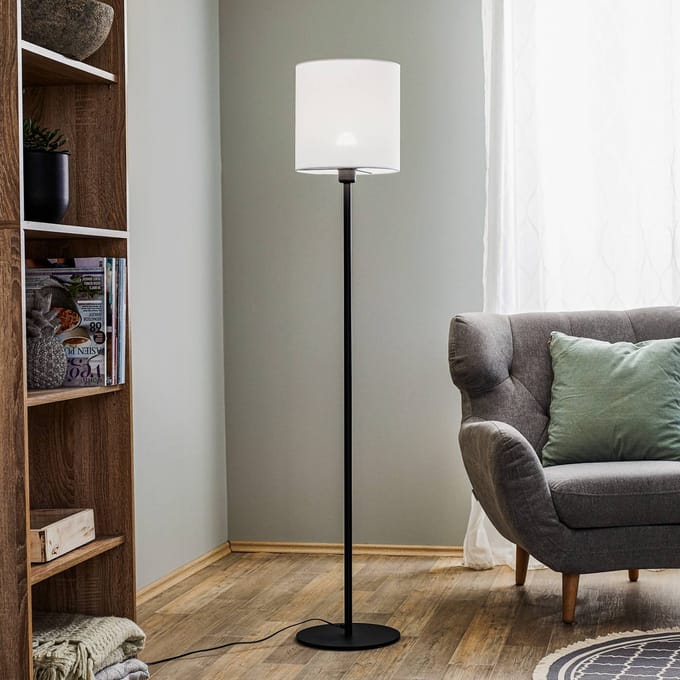 Argon Textiel vloerlamp Harris, voet zwart, kap wit