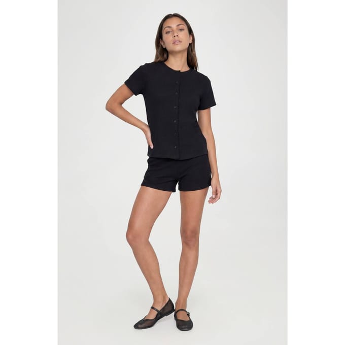 boohoo Dames Geribbelde Korte Mouw Doorknoop Top En Short Set | Black | Maat: 18