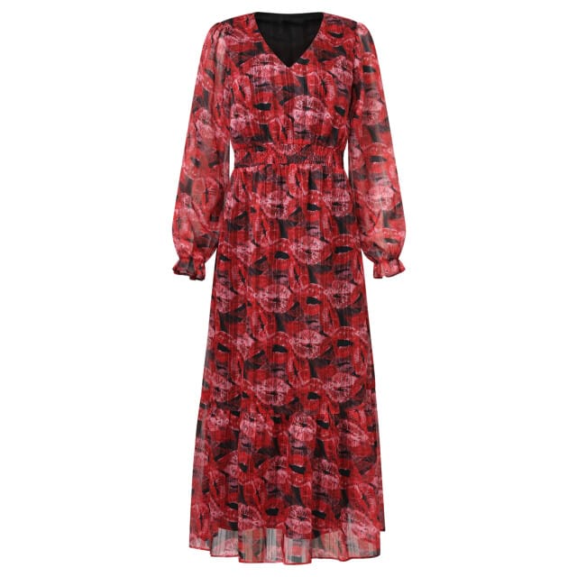 Smashed Lemon Lippenprint chiffon maxi jurk in rood en zwart |