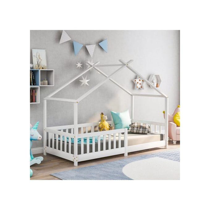 Kinderbed - MUVOE - 90x200 cm - Massief hout - Bedhek - Wit