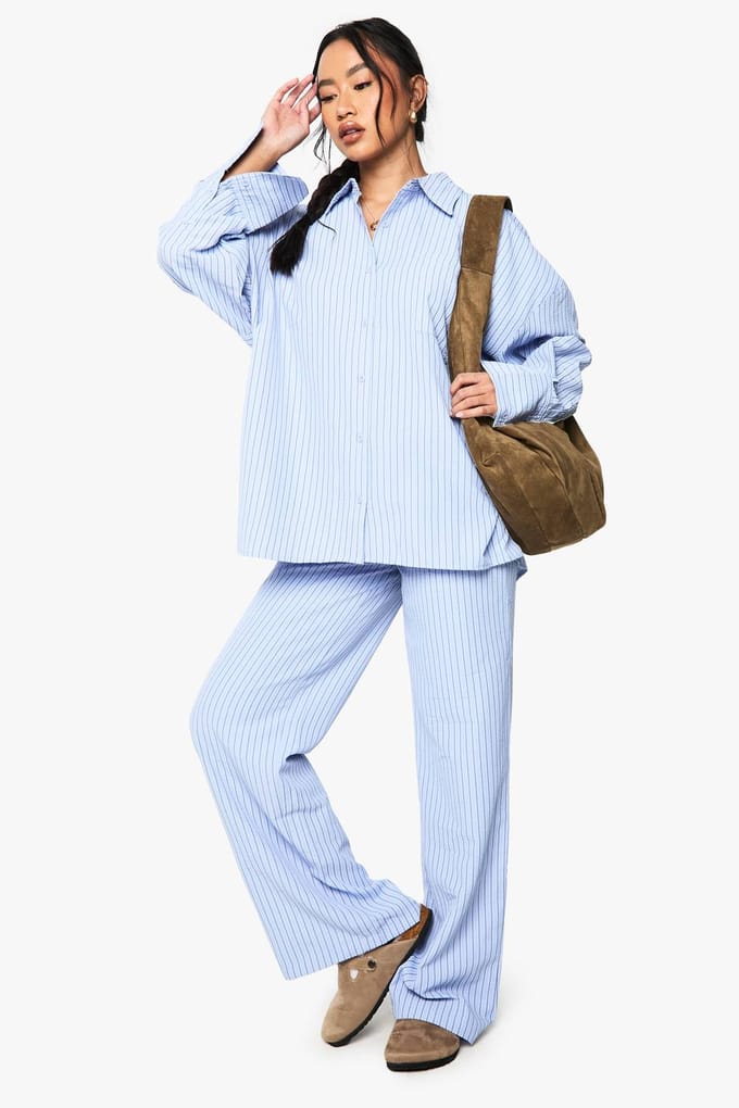 boohoo Dames Gestreepte oversized overhemd en broek set | Blue | Maat: 12