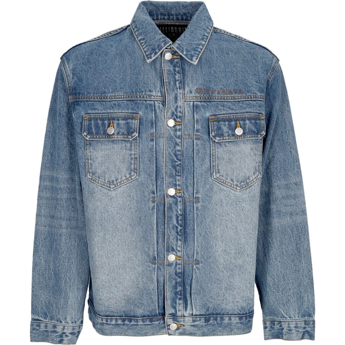 Jeans Men Script Logo Denim Jacket Mid Wash Blue