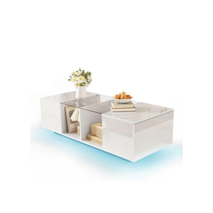 Moderne salontafel - MUVOE - 120x50 cm - LED-verlichting - Glanzend tafelblad - Praktische opbergruimte wit