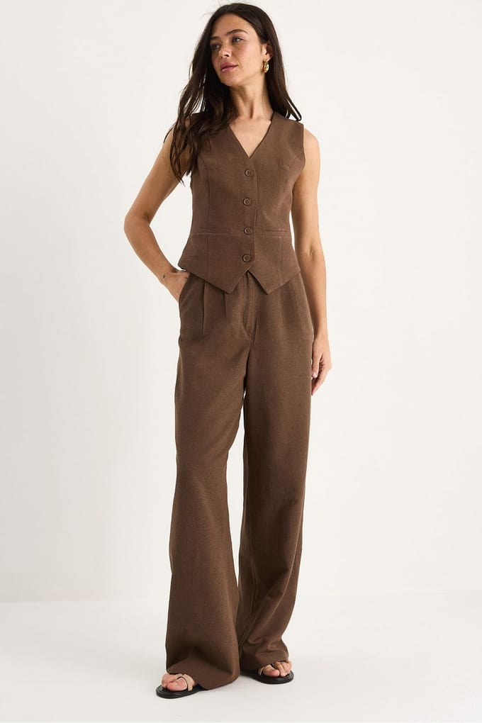 V-hals Vest en Wijde Pantalon Twee-delige Coord Set