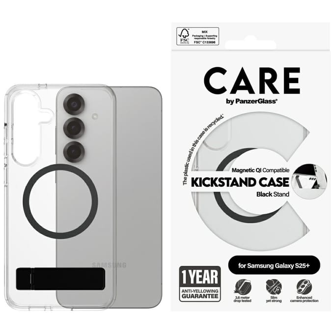 CARE by PanzerGlass Feature Case Transparent w. Black Kickstand & QI Compatible Samsung Galaxy S25+