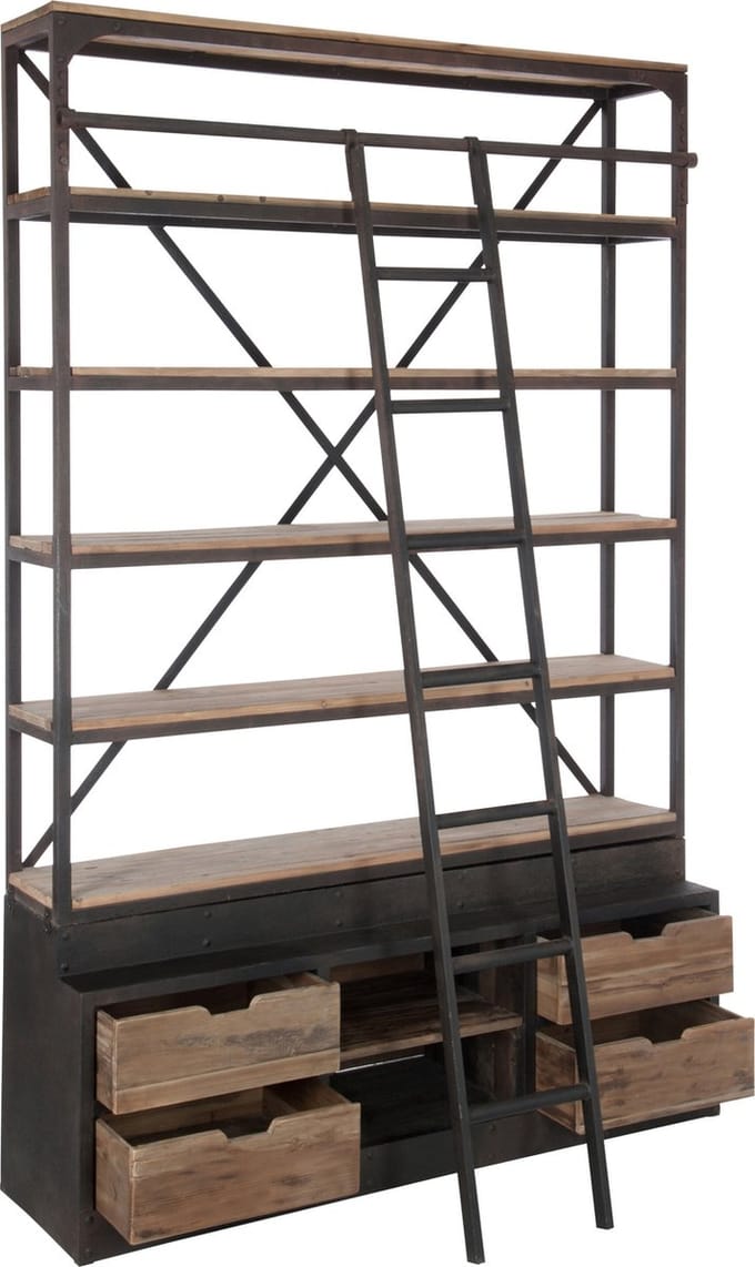 J-Line rek + ladder 4 Schap - hout/metaal - naturel/bruin