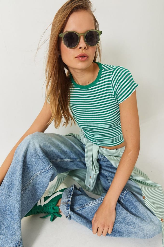 Gestreepte Geribbelde Cropped Top met Ronde Hals