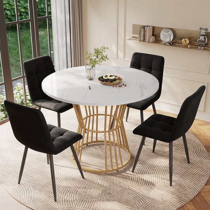 Wishdor Eettafel rond Ø100 cm, hoogte 75 cm van MDF en metaal, marmerpatroon, modern ontwerp