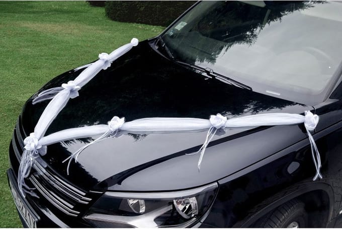 PartyDeco trouwauto organza lint Rozen - Bruiloft - wit - 2x stuks - just married
