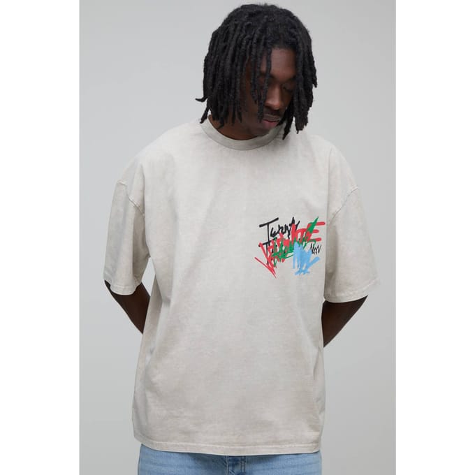 Oversized Acid Wash T-shirt Met Graffiti Print | Ecru | Size Medium