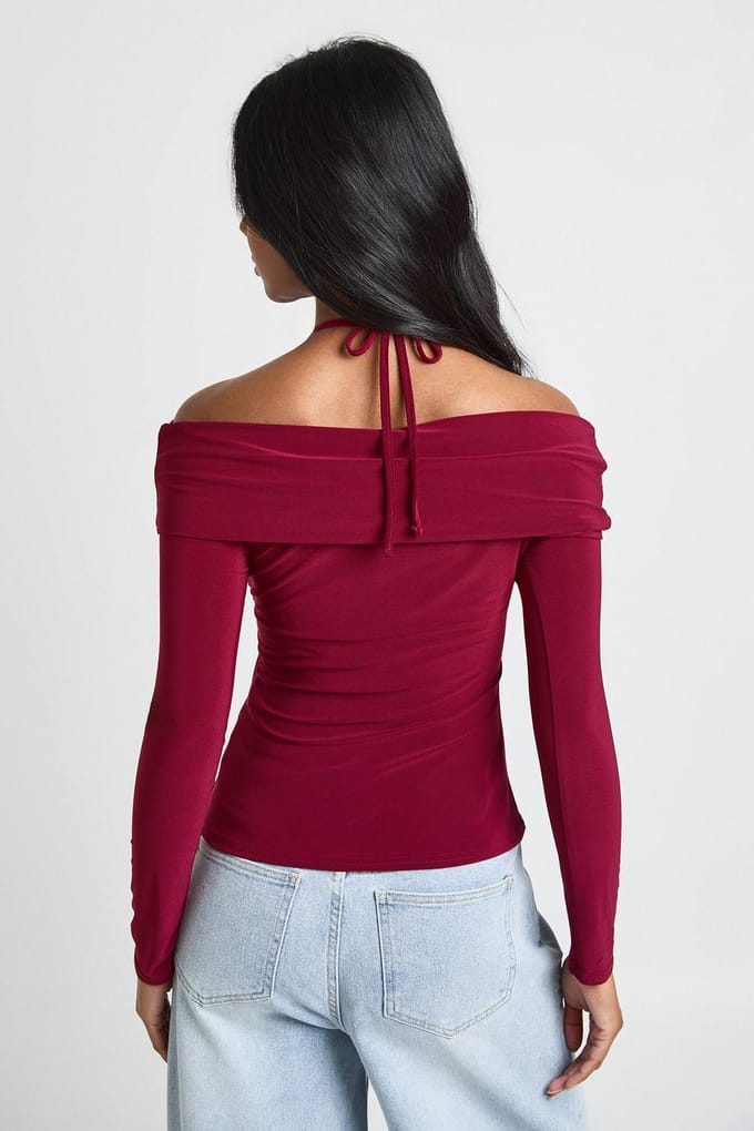 boohoo Dames Slinky Strik Bardot Detail Top | Wijn | Maat: 42
