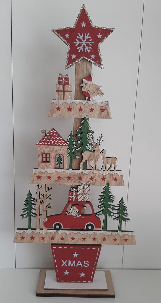 Houten kerstboom X-mas 42 cm met auto