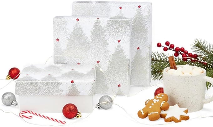 Set Geschenkdozen - Opbergdozen - Cadeaus Verpakken - Handgemaakt Papier - 3 Maten - Glitter Bomen