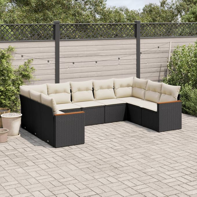 vidaXL - 9-delige - Loungeset - met - kussens - poly - rattan - zwart