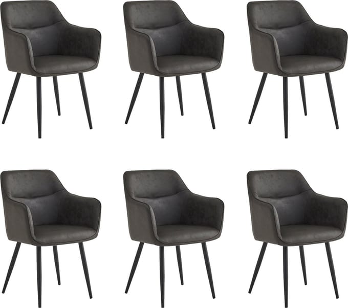 Colenis® - City Eetkamerstoel - Set Van 6 - Antraciet - Microfiber - Industrieel - Stoel - Design - Armleuningen