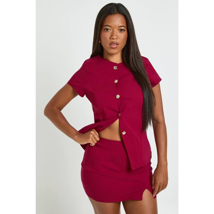 boohoo Dames Split Voorkant Mini Skort | Burgundy | Maat: 6