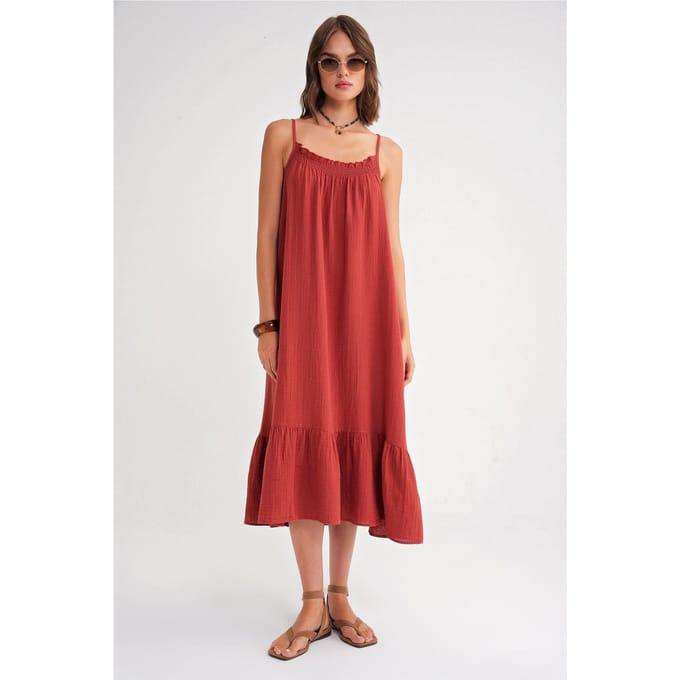 Midi Musselin Jurk met Rimpeldetails