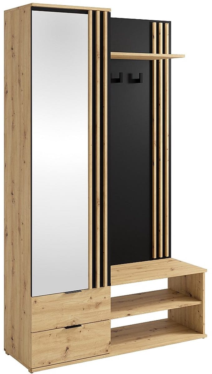 Vente-unique Garderobe met spiegel en opbergruimte - Houteffect en zwart - JANAKIA