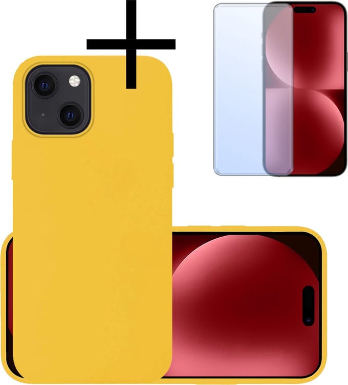 Hoesje - Met Screenprotector - Geschikt voor Apple iPhone 15 Plus - Sterk & Shockproof - Back Cover - Siliconen Case - Telefoon Hoes - Geel