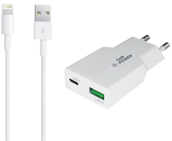 OneOne 30W Lader met USB A en C poort + 1,2m OneOne USB A naar Lightning kabel. USB C voor snelladen. PD PPS lader. GAN oplader adapter past op Apple iPhone 13, iPhone 13 Mini, iPhone 13 Pro, iPhone 13 Pro Max, iPhone SE, iPhone X