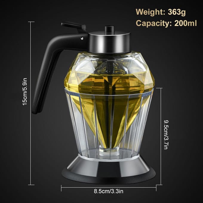 Distributeur de miel en verre en forme de diamant avec support Distributeur d'huile de grande capacité de 200 ml Bouteille d'huile multifonctionnelle Vinaigre et sauce brown