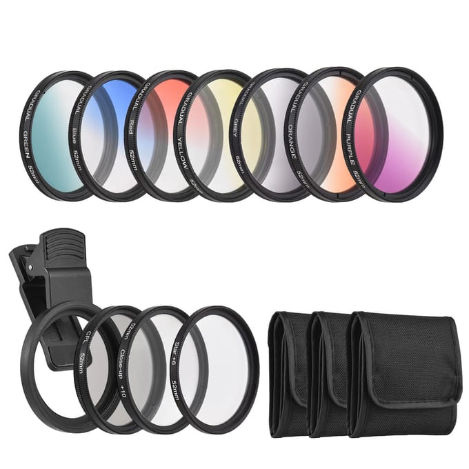 52mm telefoonlensfilterset met 7 kleurenverloopfilters + CPL + sterfilter + close-upfilter + zwart