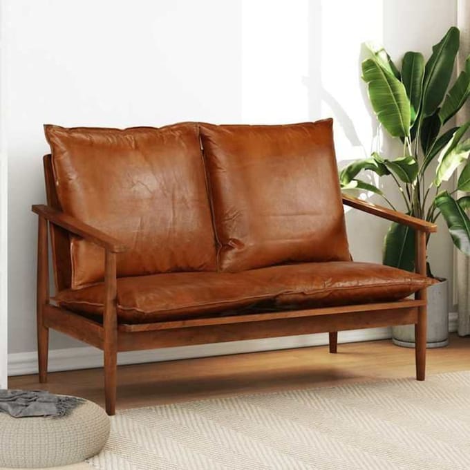 Maison Exclusive - 2-zitsbank Echt leer met acaciahout Bruin bruin