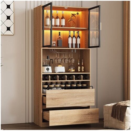 ModernLuxe Vitrine 80x40x180 cm met LED - 2 deuren en 2 lades - open planken - Natuur
