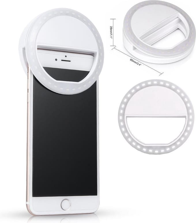 Jumalu Selfie Ring Light LED – Wit | 3 Standen – Clip-On – Oplaadbaar – Universele Selfie Ringlamp