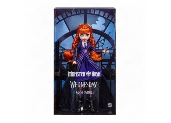 Monster High x Wednesday verzamelpop - Agnes DeMille met paars uniform en accessoires