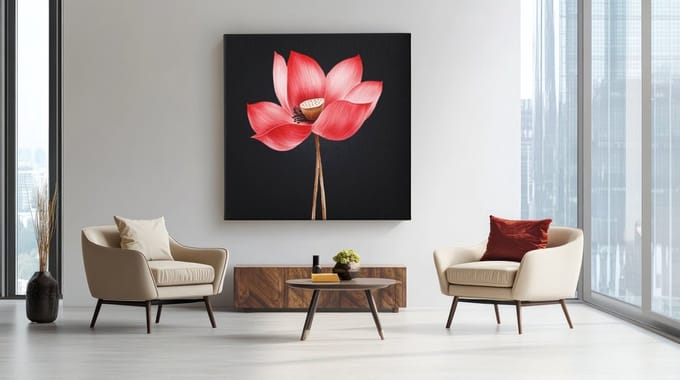 Vierkant Canvas Schilderij - Rode Lotus Bloem - Woonkamer - Slaapkamer - Moderne Kunst - 60x60 cm
