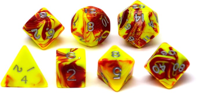 HOT Games dobbelstenen set geel rood - 7 stuks kunststof.